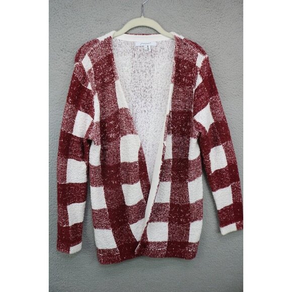 Foxcroft Burgundy White Open Front Cardigan-Size Medium-Picnic Plaid - Picture 1 of 9